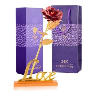 Luxury Gold-Plated Rose with Golden Leaf – Premium Valentine’s Gift Box & Carry Bag